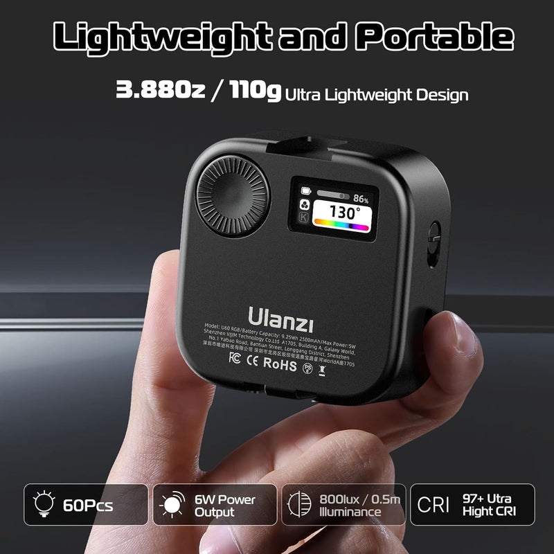 VIJIM ضوء الفيديو RGB Ulanzi U60، ضوء كاميرا LED محمول مع 360° لون CRI≥95 2500-9000K مصباح لوحة قابل للتعتيم، إضاءة تصوير LED بسعة 2500mAh مع محول حذاء بارد سريع الإطلاق ومشبك - أسود - Image 3